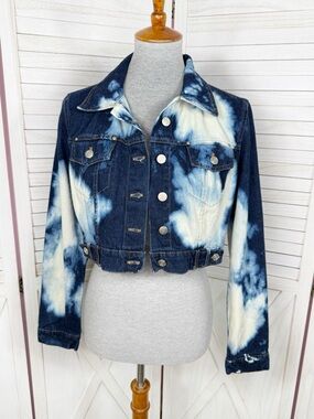 Vintage Y2K‎ Bebe Jean Jacket Medium Blue White Bleach Dyed Cropped Denim Indie